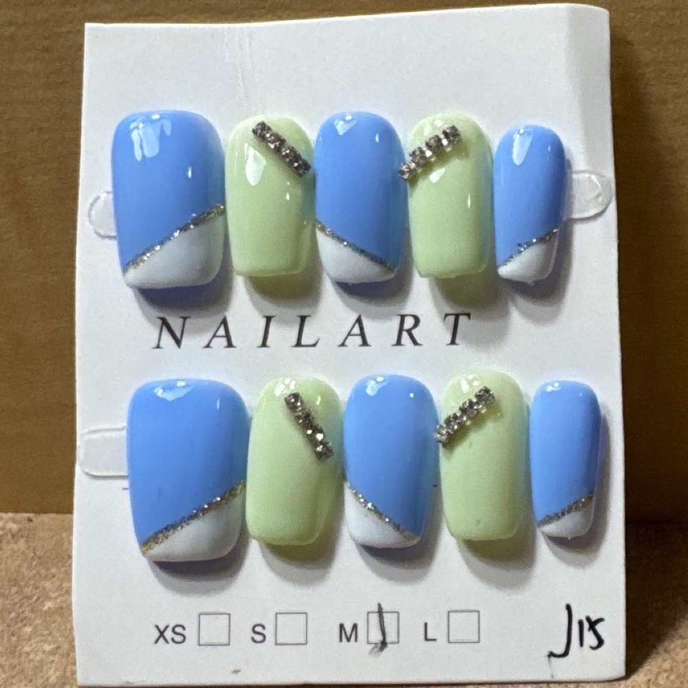 Blue and Mint Green Press On Nails with Rhinestones and Glitter Size M